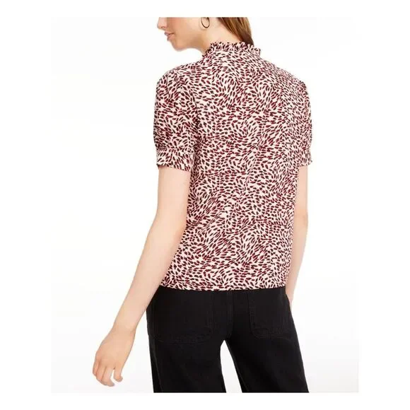 MAISON JULES Womens Pink Ruffled Printed Pouf Sleeve Tie Neck Blouse XXS - Picture 2 of 4